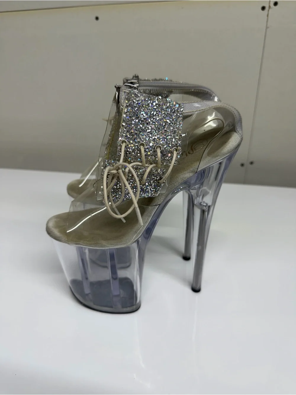 Size 7 Pleaser Clear Platform Stiletto Heels with Silver Glitter Lace Panel